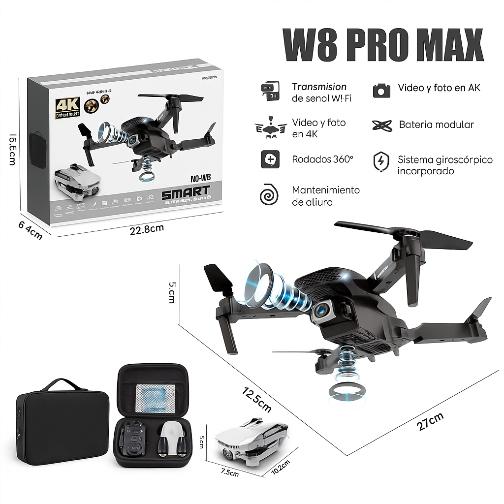 Dron W8 PRO MAX Doble Cámara 4K + Maletín Gratis