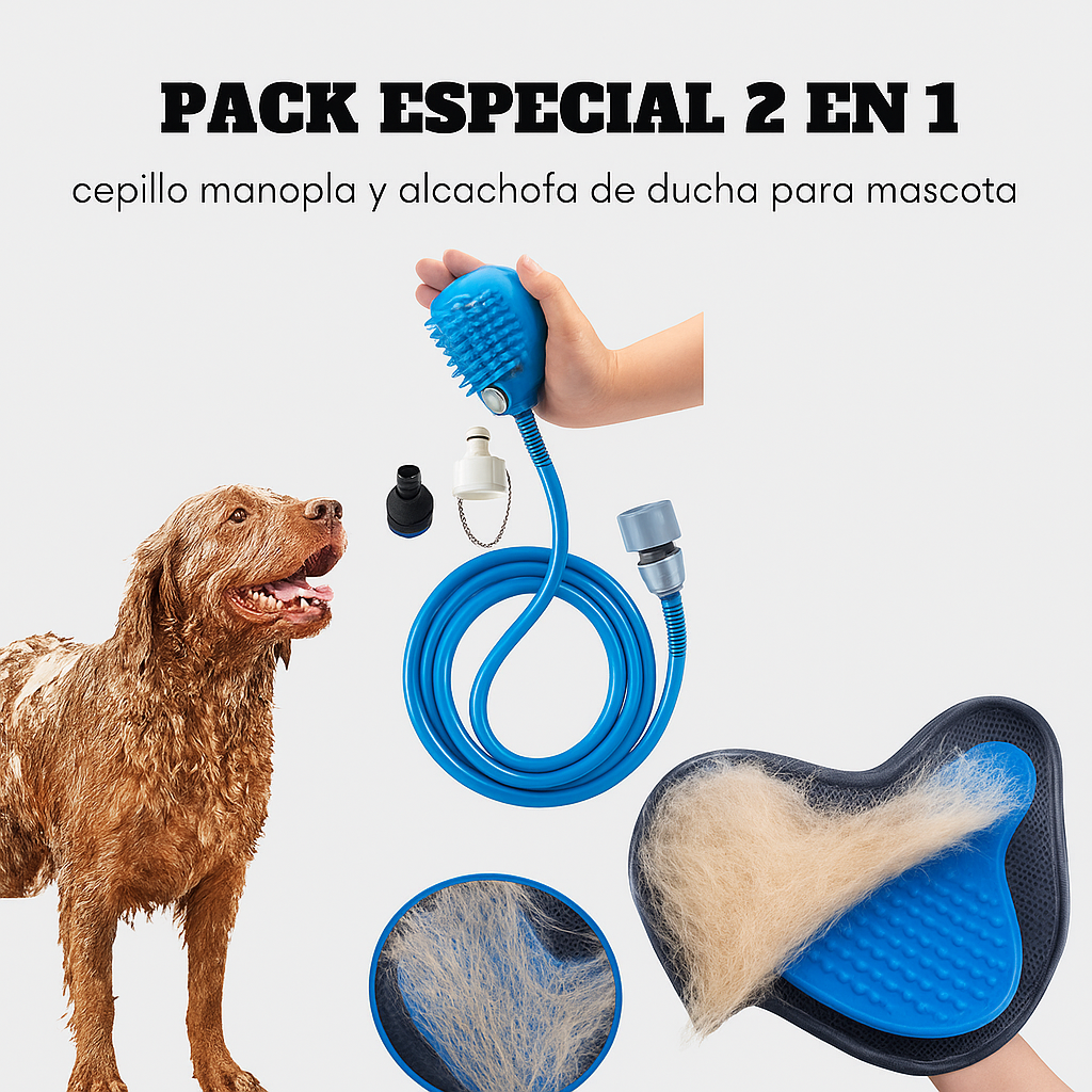 Pack Especial 2 en 1: cepillo manopla y alcachofa de ducha para mascota